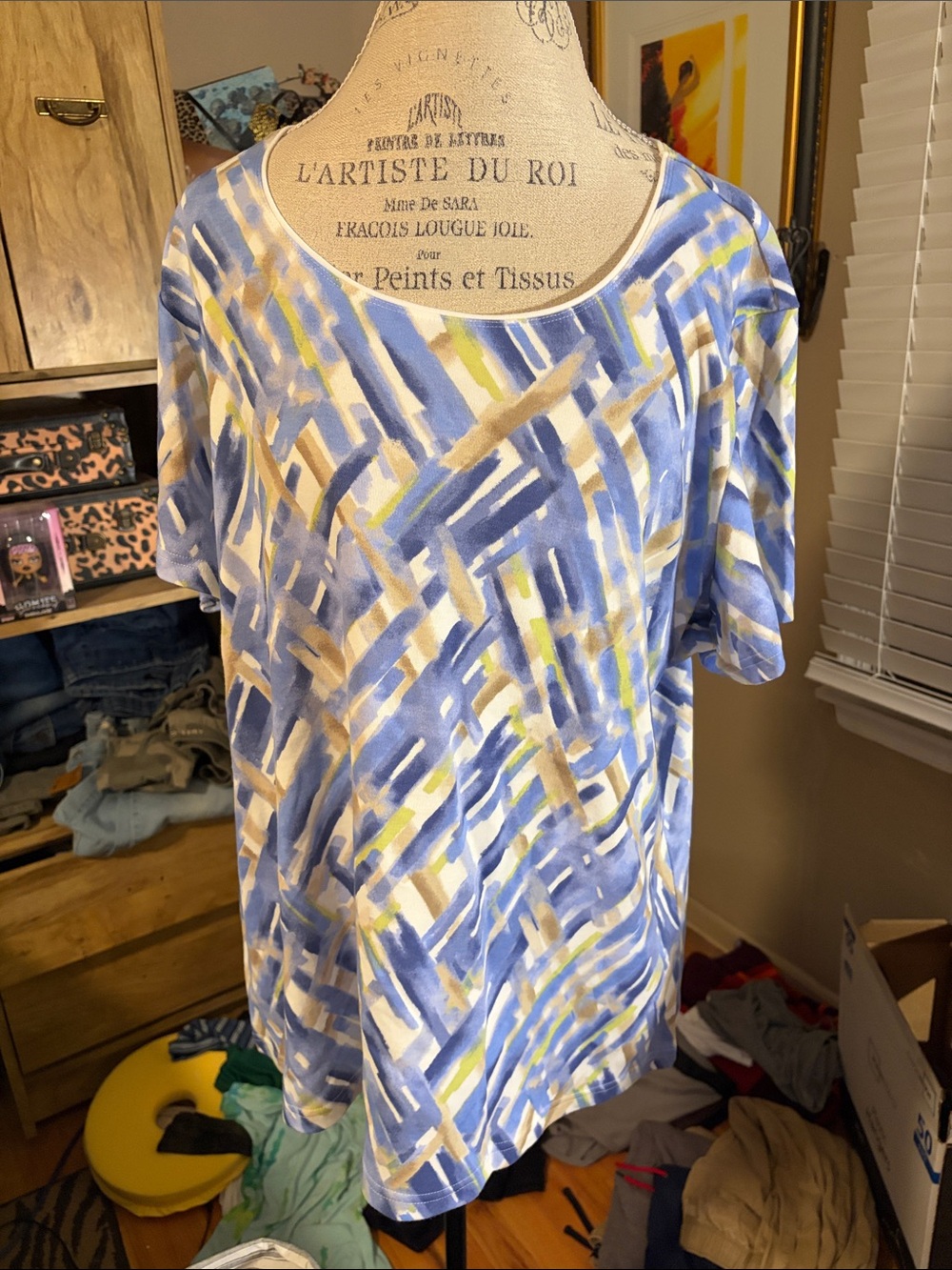 Karen Scott Abstract Brushstroke Short Sleeve Top - Blue & White - 1X